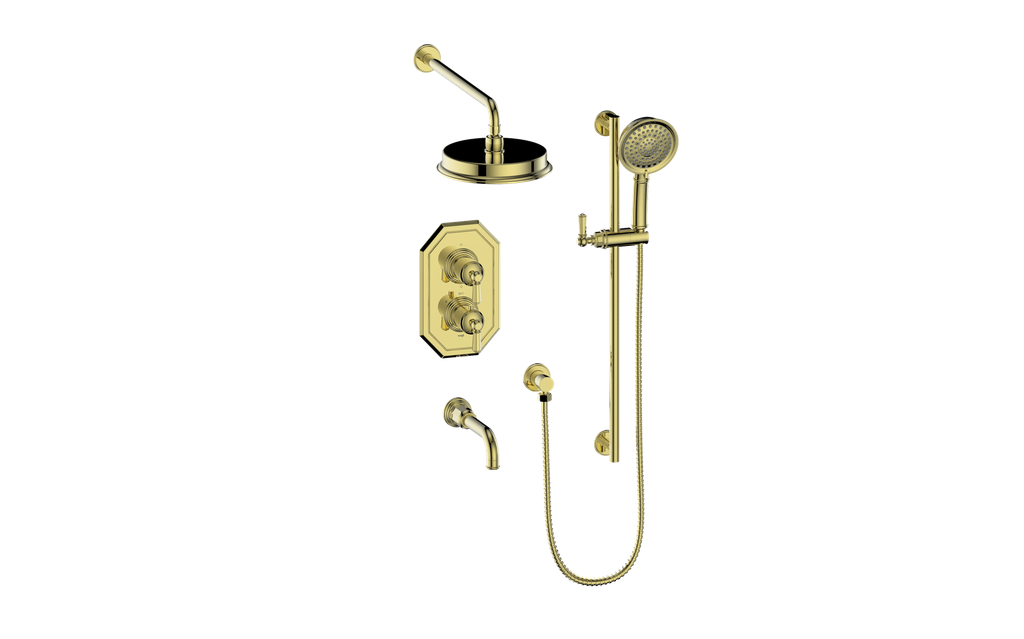 Vogt Carinthia 3-Way Thermostatic Shower System in Brushed Gold with Octagonal Handle – SET.C21.320.310.BG