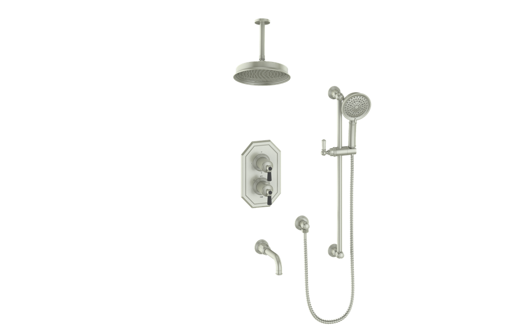 Vogt Carinthia 3-Way Thermostatic Shower System, 6" Ceiling Arm, in Brushed Nickel & Matte Black with Octagonal Handle – SET.C21.320.316.BB