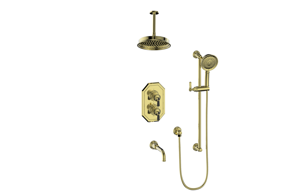 Vogt Carinthia 3-Way Thermostatic Shower System, 6" Ceiling Arm, in Brushed Gold & Matte Black with Octagonal Handle – SET.C21.320.316.BGB