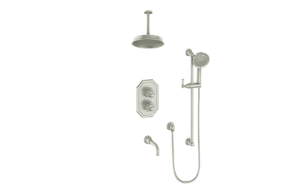 Vogt Carinthia 3-Way Thermostatic Shower System, 6" Ceiling Arm, in Brushed Nickel with Octagonal Handle – SET.C21.320.316.BN