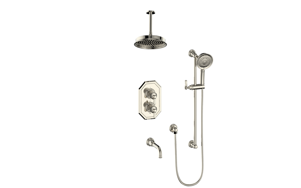 Vogt Carinthia 3-Way Thermostatic Shower System, 6" Ceiling Arm, in Polished Nickel with Octagonal Handle – SET.C21.320.316.PN