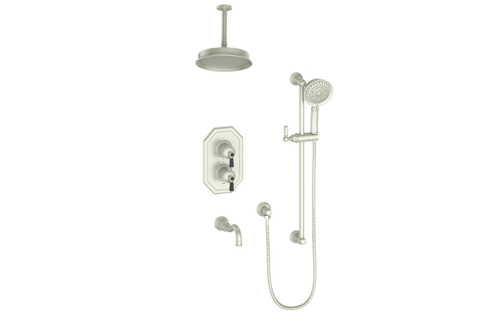 Vogt Carinthia 3-Way Thermostatic Shower System, 6" Ceiling Arm, in Brushed Nickel & Matte Black with Octagonal Handle – SET.C22.320.316.BB
