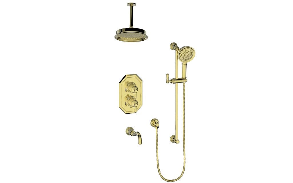 Vogt Carinthia 3-Way Thermostatic Shower System, 6" Ceiling Arm, in Brushed Gold with Octagonal Handle – SET.C22.320.316.BG
