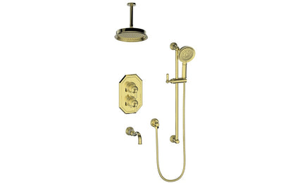 Vogt Carinthia 3-Way Thermostatic Shower System, 6" Ceiling Arm, in Brushed Gold with Octagonal Handle – SET.C22.320.316.BG
