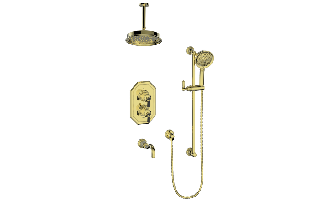 Vogt Carinthia 3-Way Thermostatic Shower System, 6" Ceiling Arm, in Brushed Gold & Matte Black with Octagonal Handle – SET.C22.320.316.BGB