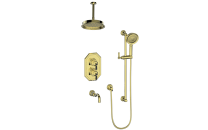 Vogt Carinthia 3-Way Thermostatic Shower System, 6" Ceiling Arm, in Brushed Gold & Matte Black with Octagonal Handle – SET.C22.320.316.BGB