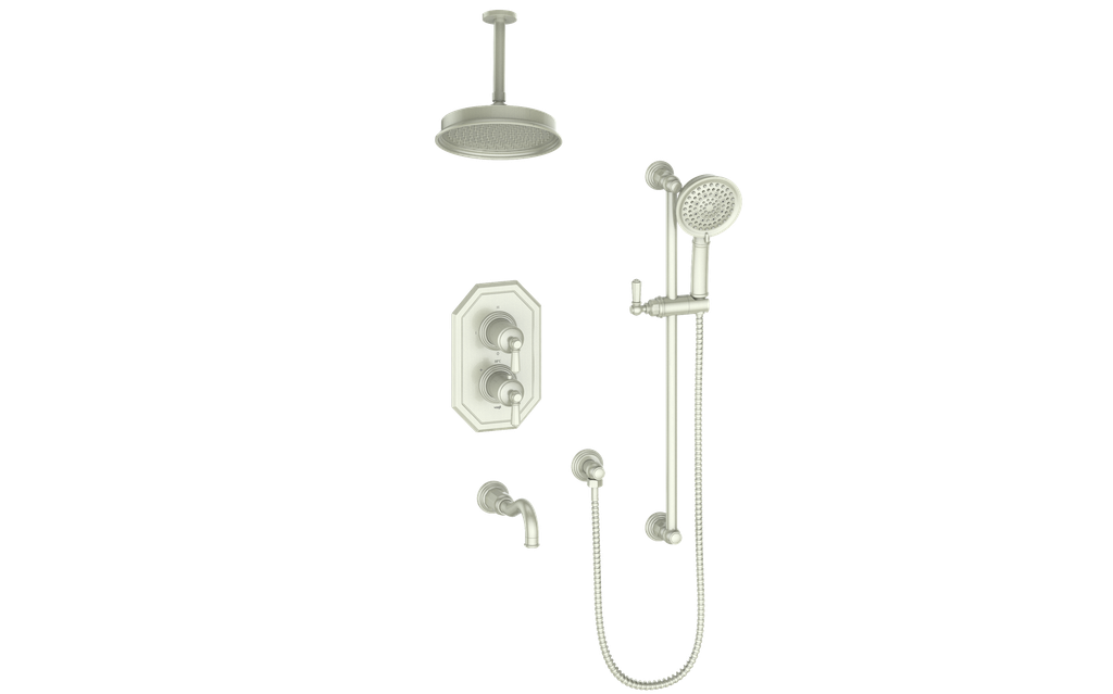 Vogt Carinthia 3-Way Thermostatic Shower System, 6" Ceiling Arm, in Brushed Nickel with Octagonal Handle – SET.C22.320.316.BN