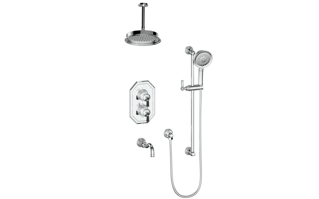Vogt Carinthia 3-Way Thermostatic Shower System, 6" Ceiling Arm, in Chrome & Matte Black with Octagonal Handle – SET.C22.320.316.CB