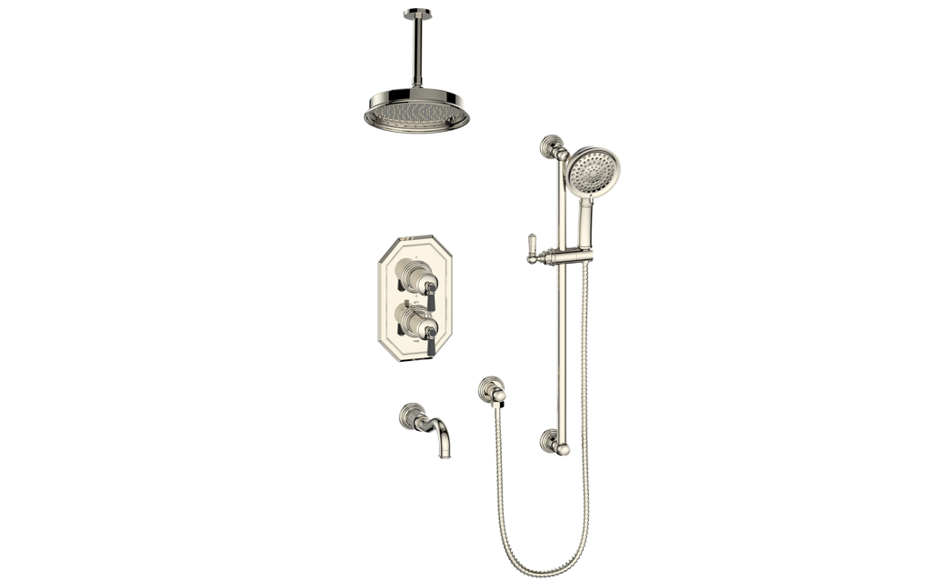 Vogt Carinthia 3-Way Thermostatic Shower System, 6" Ceiling Arm, in Polished Nickel & Matte Black with Octagonal Handle – SET.C22.320.316.PB