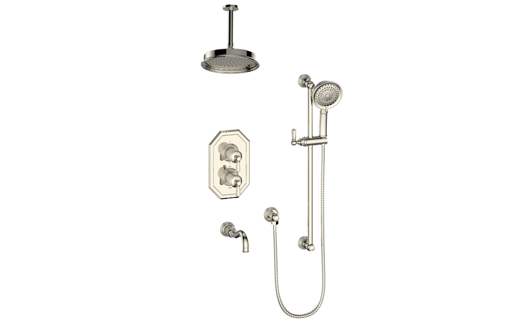 Vogt Carinthia 3-Way Thermostatic Shower System, 6" Ceiling Arm, in Polished Nickel with Octagonal Handle – SET.C22.320.316.PN