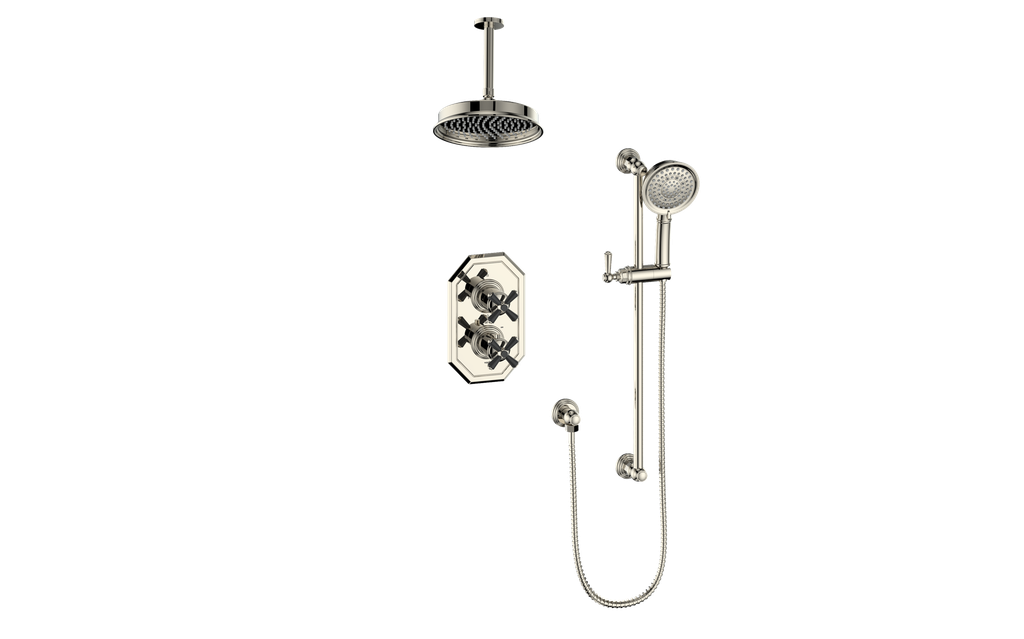 Vogt Carinthia 2-Way Thermostatic Shower System in Polished Nickel & Matte Black with Cross Handle – SET.C3.220.216.PB
