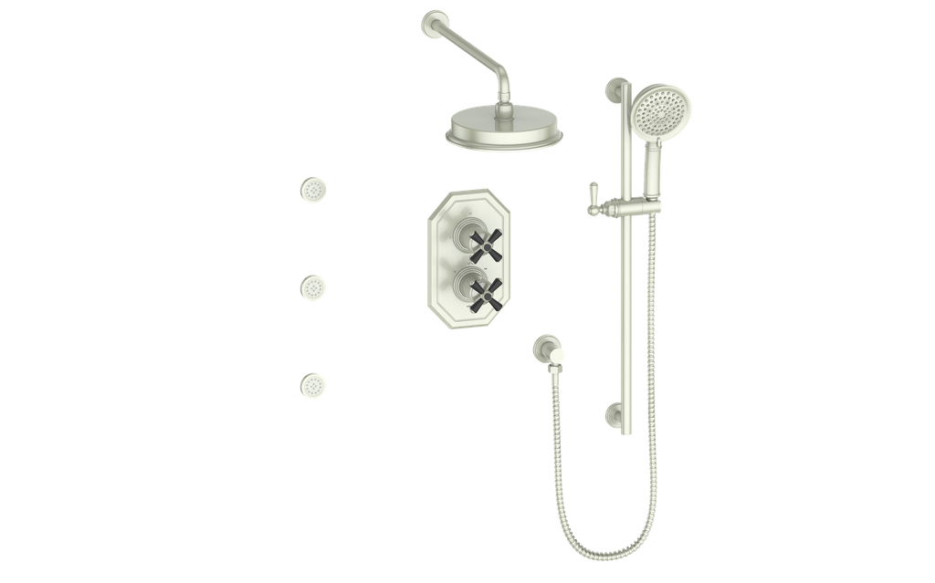 Vogt Carinthia 3-Way Thermostatic Shower System with Body Jets in Brushed Nickel & Matte Black with Cross Handle – SET.C3.320.810.BB