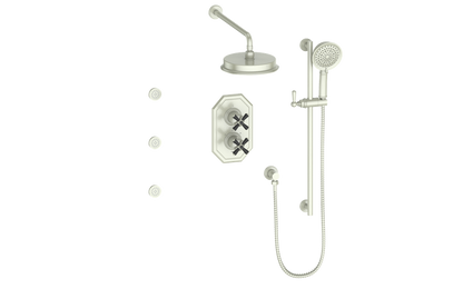 Vogt Carinthia 3-Way Thermostatic Shower System with Body Jets in Brushed Nickel & Matte Black with Cross Handle – SET.C3.320.810.BB