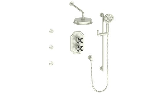 Vogt Carinthia 3-Way Thermostatic Shower System with Body Jets in Brushed Nickel & Matte Black with Cross Handle – SET.C3.320.810.BB