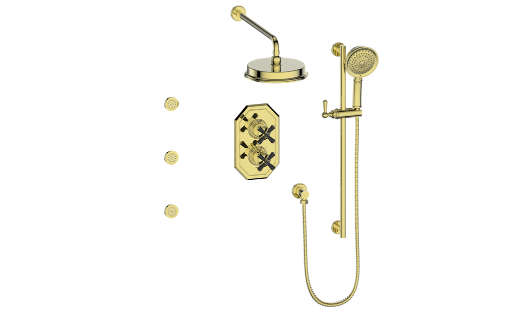 Vogt Carinthia 3-Way Thermostatic Shower System with Body Jets in Brushed Gold & Matte Black with Cross Handle – SET.C3.320.810.BGB