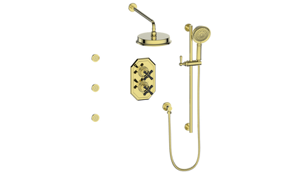 Vogt Carinthia 3-Way Thermostatic Shower System with Body Jets in Brushed Gold & Matte Black with Cross Handle – SET.C3.320.810.BGB