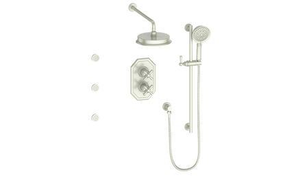Vogt Carinthia 3-Way Thermostatic Shower System with Body Jets in Brushed Nickel with Cross Handle – SET.C3.320.810.BN