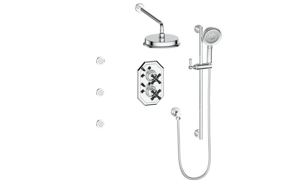 Vogt Carinthia 3-Way Thermostatic Shower System with Body Jets in Chrome & Matte Black with Cross Handle – SET.C3.320.810.CB