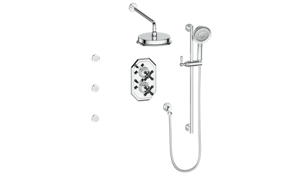 Vogt Carinthia 3-Way Thermostatic Shower System with Body Jets in Chrome & Matte Black with Cross Handle – SET.C3.320.810.CB
