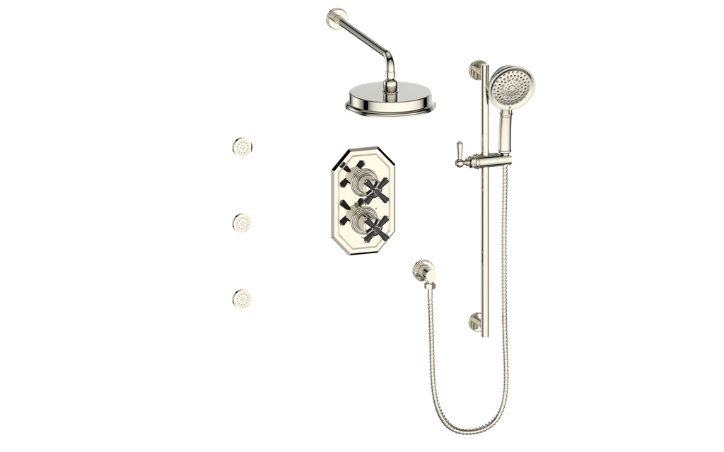 Vogt Carinthia 3-Way Thermostatic Shower System with Body Jets in Polished Nickel & Matte Black with Cross Handle – SET.C3.320.810.PB