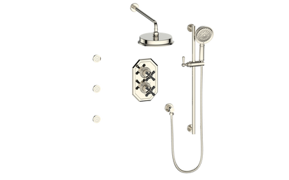 Vogt Carinthia 3-Way Thermostatic Shower System with Body Jets in Polished Nickel & Matte Black with Cross Handle – SET.C3.320.810.PB