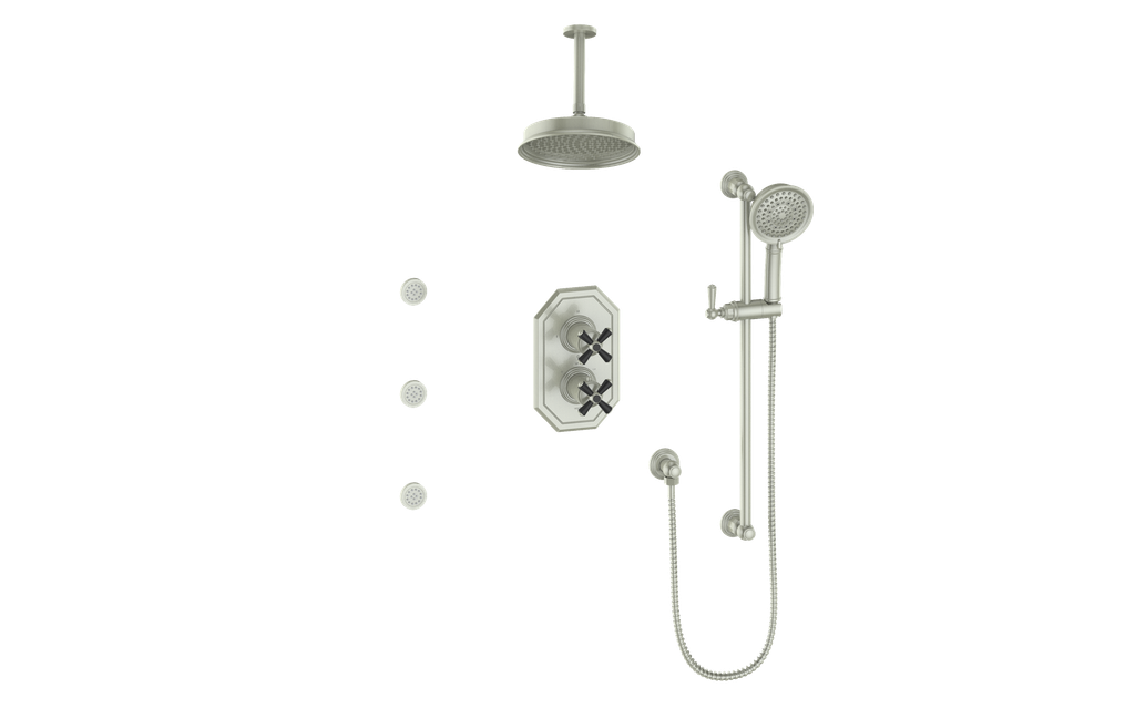 Vogt Carinthia 3-Way Thermostatic Shower System with Body Jets, 6" Ceiling Arm, in Brushed Nickel & Matte Black with Cross Handle – SET.C3.320.816.BB