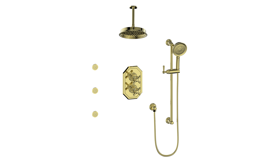 Vogt Carinthia 3-Way Thermostatic Shower System with Body Jets, 6" Ceiling Arm, in Brushed Gold with Cross Handle – SET.C3.320.816.BG