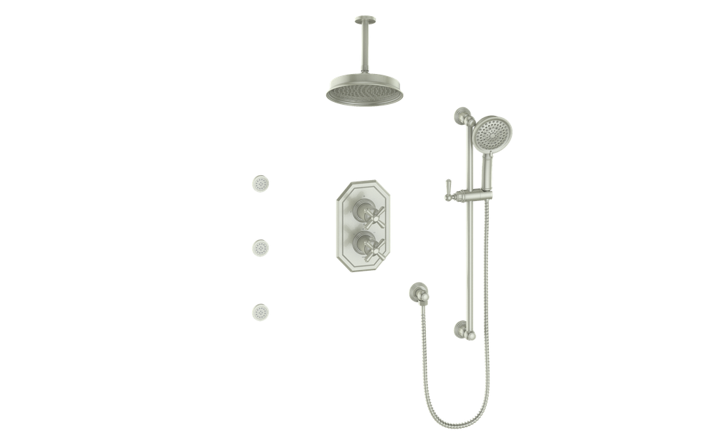 Vogt Carinthia 3-Way Thermostatic Shower System with Body Jets, 6" Ceiling Arm, in Brushed Nickel with Cross Handle – SET.C3.320.816.BN
