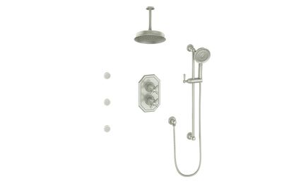 Vogt Carinthia 3-Way Thermostatic Shower System with Body Jets, 6" Ceiling Arm, in Brushed Nickel with Cross Handle – SET.C3.320.816.BN