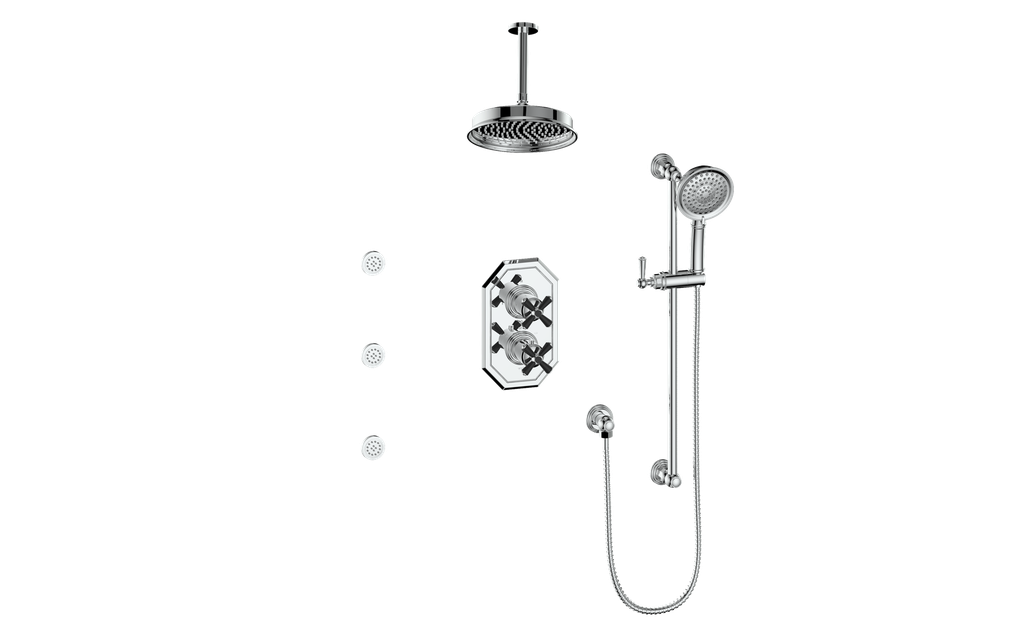 Vogt Carinthia 3-Way Thermostatic Shower System with Body Jets, 6" Ceiling Arm, in Chrome & Matte Black with Cross Handle – SET.C3.320.816.CB