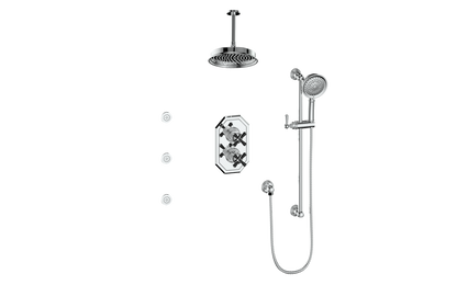 Vogt Carinthia 3-Way Thermostatic Shower System with Body Jets, 6" Ceiling Arm, in Chrome & Matte Black with Cross Handle – SET.C3.320.816.CB