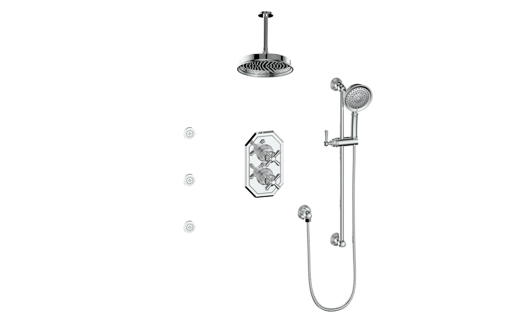 Vogt Carinthia 3-Way Thermostatic Shower System with Body Jets, 6" Ceiling Arm, in Polished Chrome with Cross Handle – SET.C3.320.816.CC