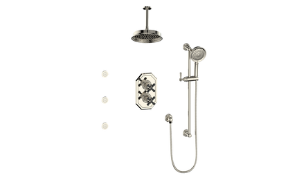 Vogt Carinthia 3-Way Thermostatic Shower System with Body Jets, 6" Ceiling Arm, in Polished Nickel & Matte Black with Cross Handle – SET.C3.320.816.PB