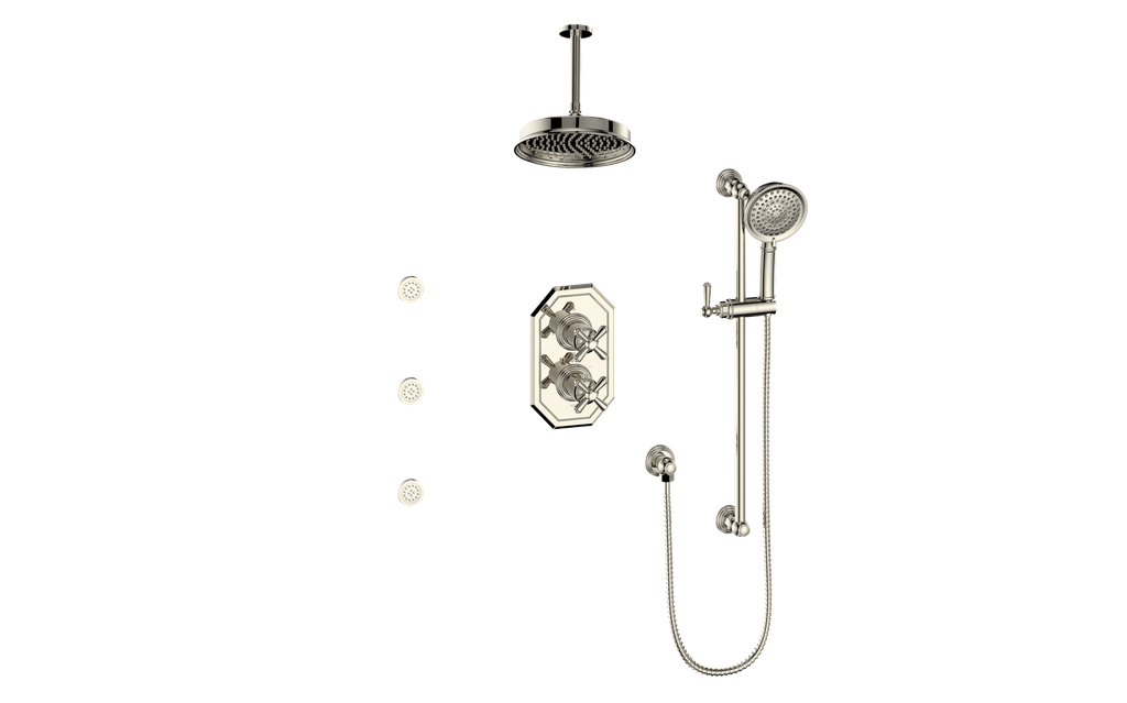 Vogt Carinthia 3-Way Thermostatic Shower System with Body Jets, 6" Ceiling Arm, in Polished Nickel with Cross Handle – SET.C3.320.816.PN