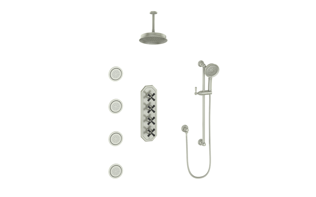 Vogt Carinthia 3/4" High-Flow Thermostatic Shower System with Body Jets, 6" Ceiling Arm, in Brushed Nickel & Matte Black with Cross Handle – SET.C3.350.936.BB