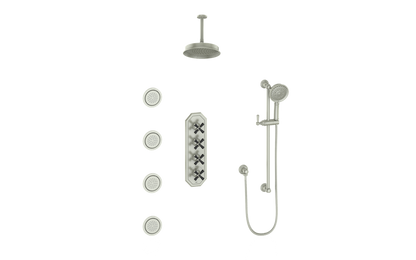 Vogt Carinthia 3/4" High-Flow Thermostatic Shower System with Body Jets, 6" Ceiling Arm, in Brushed Nickel & Matte Black with Cross Handle – SET.C3.350.936.BB