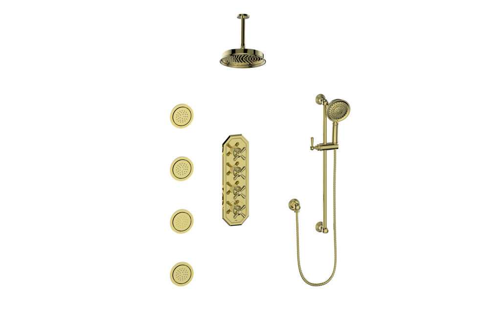 Vogt Carinthia 3/4" High-Flow Thermostatic Shower System with Body Jets, 6" Ceiling Arm, in Brushed Gold with Cross Handle – SET.C3.350.936.BG
