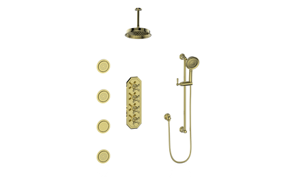 Vogt Carinthia 3/4" High-Flow Thermostatic Shower System with Body Jets, 6" Ceiling Arm, in Brushed Gold with Cross Handle – SET.C3.350.936.BG