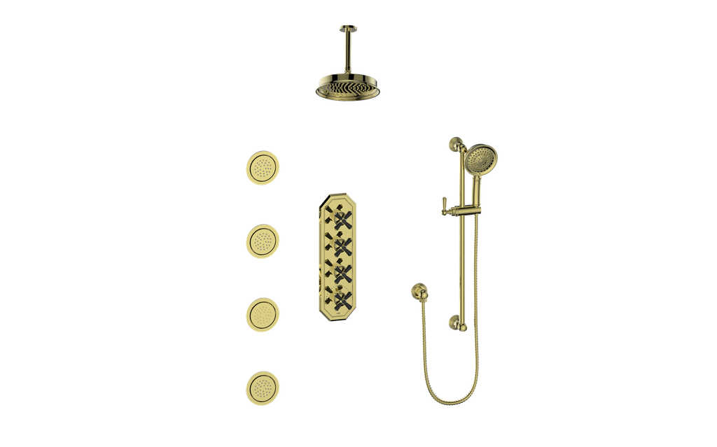 Vogt Carinthia 3/4" High-Flow Thermostatic Shower System with Body Jets, 6" Ceiling Arm, in Brushed Gold & Matte Black with Cross Handle – SET.C3.350.936.BGB