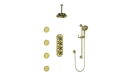 Vogt Carinthia 3/4" High-Flow Thermostatic Shower System with Body Jets, 6" Ceiling Arm, in Brushed Gold & Matte Black with Cross Handle – SET.C3.350.936.BGB