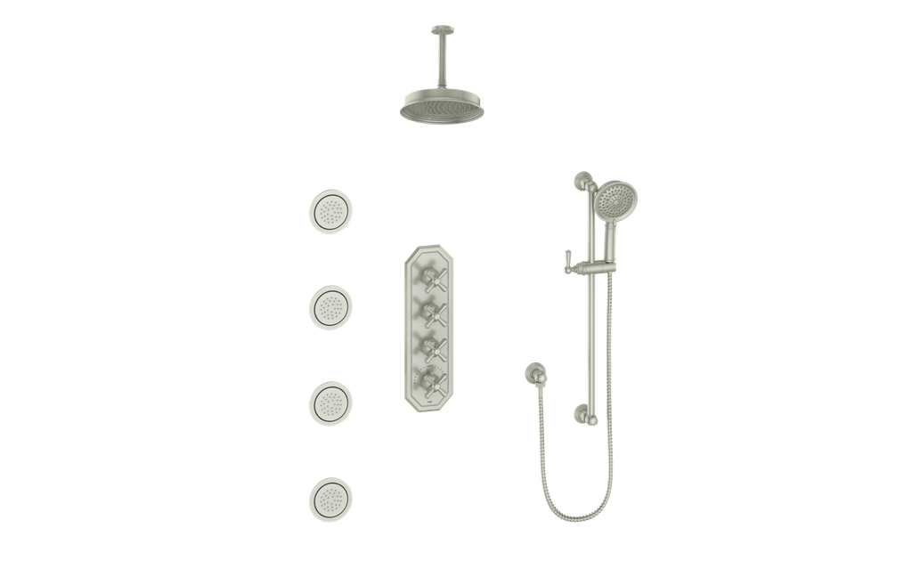 Vogt Carinthia 3/4" High-Flow Thermostatic Shower System with Body Jets, 6" Ceiling Arm, in Brushed Nickel with Cross Handle – SET.C3.350.936.BN