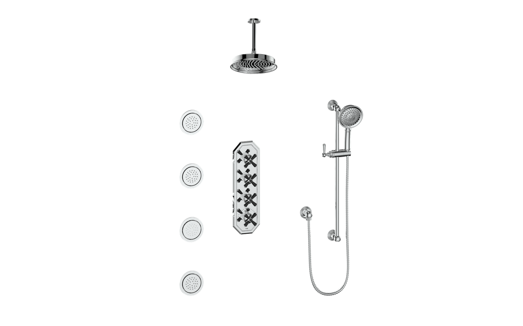 Vogt Carinthia 3/4" High-Flow Thermostatic Shower System with Body Jets, 6" Ceiling Arm, in Chrome & Matte Black with Cross Handle – SET.C3.350.936.CB