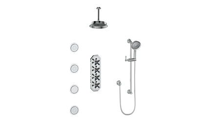 Vogt Carinthia 3/4" High-Flow Thermostatic Shower System with Body Jets, 6" Ceiling Arm, in Chrome & Matte Black with Cross Handle – SET.C3.350.936.CB