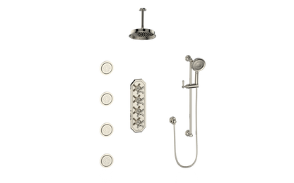 Vogt Carinthia 3/4" High-Flow Thermostatic Shower System with Body Jets, 6" Ceiling Arm, in Polished Nickel with Cross Handle – SET.C3.350.936.PN