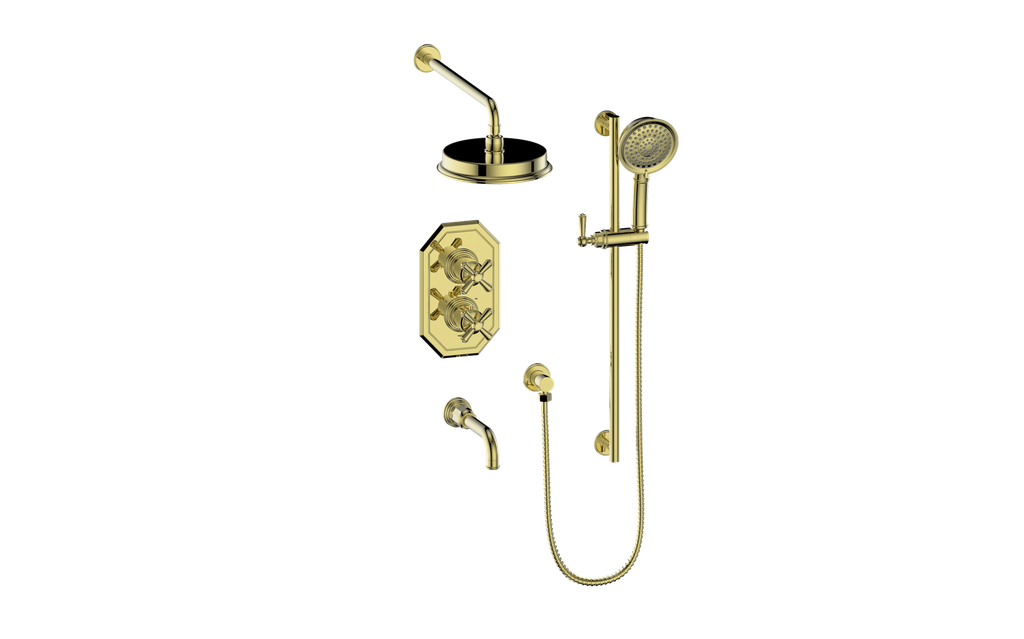 Vogt Carinthia 3-Way Thermostatic Shower System in Brushed Gold with Cross Handle – SET.C31.320.310.BG