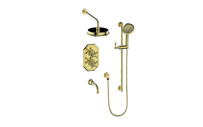 Vogt Carinthia 3-Way Thermostatic Shower System in Brushed Gold with Cross Handle – SET.C31.320.310.BG