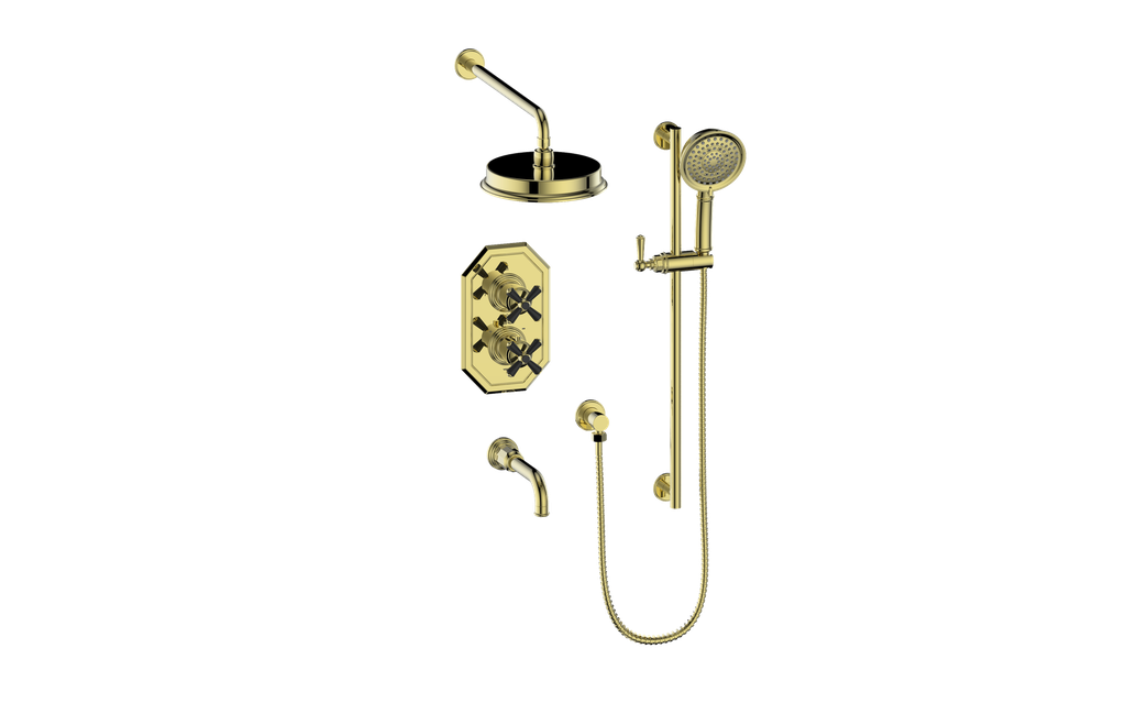 Vogt Carinthia 3-Way Thermostatic Shower System in Brushed Gold & Matte Black with Cross Handle – SET.C31.320.310.BGB