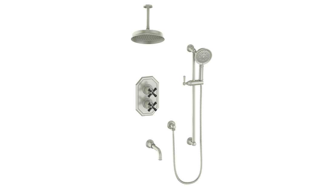 Vogt Carinthia 3-Way Thermostatic Shower System, 6" Ceiling Arm, in Brushed Nickel & Matte Black with Cross Handle – SET.C31.320.316.BB