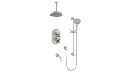 Vogt Carinthia 3-Way Thermostatic Shower System, 6" Ceiling Arm, in Brushed Nickel & Matte Black with Cross Handle – SET.C31.320.316.BB