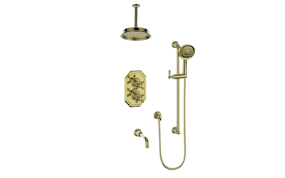 Vogt Carinthia 3-Way Thermostatic Shower System, 6" Ceiling Arm, in Brushed Gold with Cross Handle – SET.C31.320.316.BG